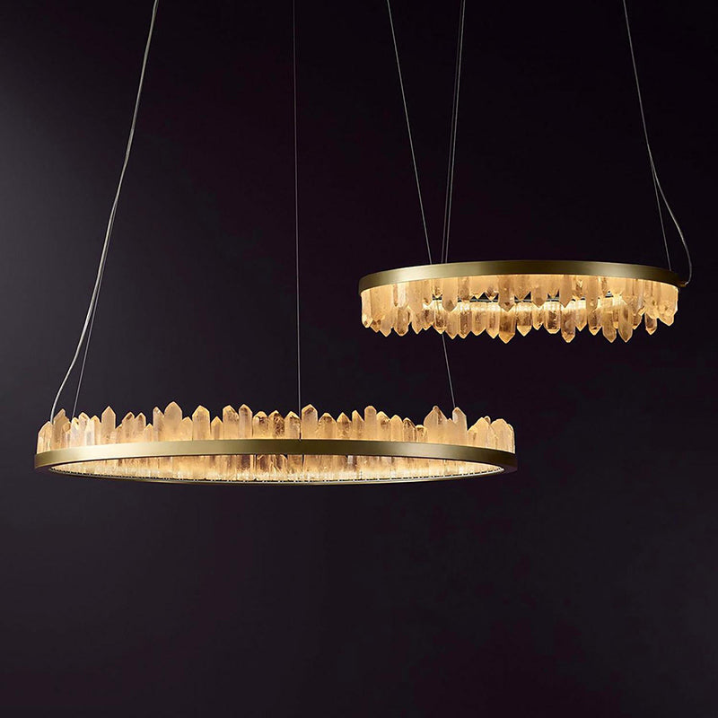 36 Inch Round Modern Chandelier Brass & Clear Geode Quartz Crystal Chandeliers Kevin Studio Inc Two Rings D36''+D47'' Brass