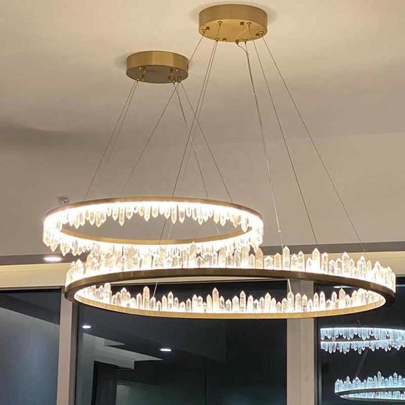 36 Inch Round Modern Chandelier Brass & Clear Geode Quartz Crystal Chandeliers Kevin Studio Inc