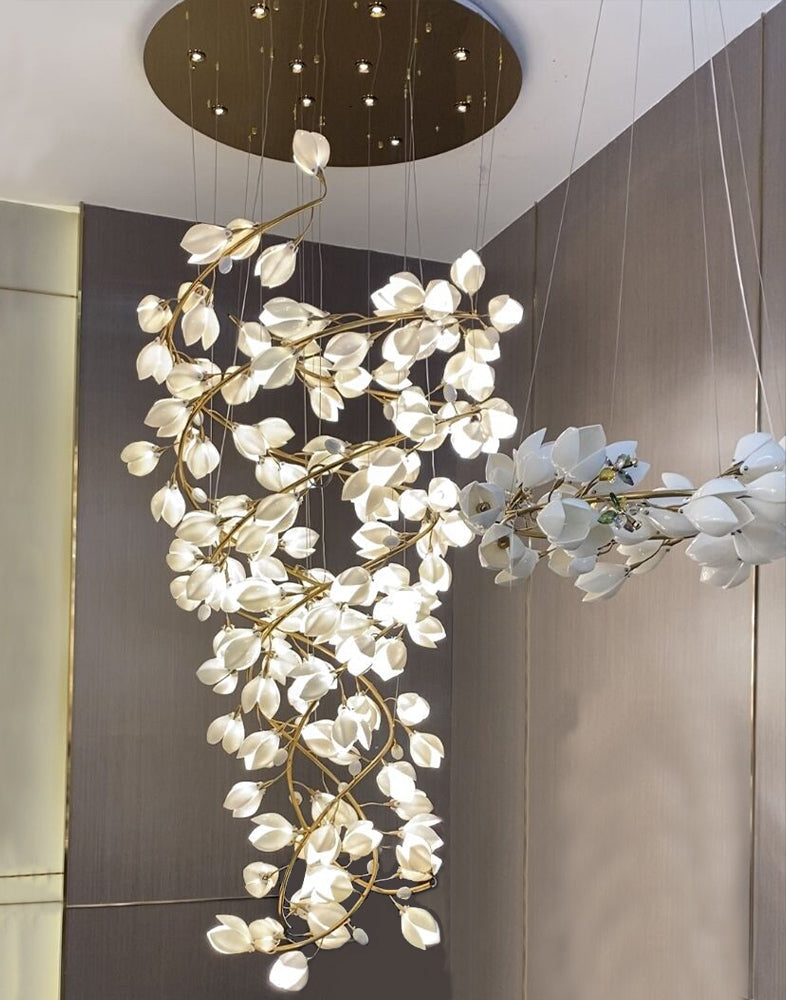 Creative Spiral Pure White Magnolia Chandelier with Golden Branches for Staircase/High-ceiling Space/Foyer/ Duplex Chandeliers Kevin Studio Inc