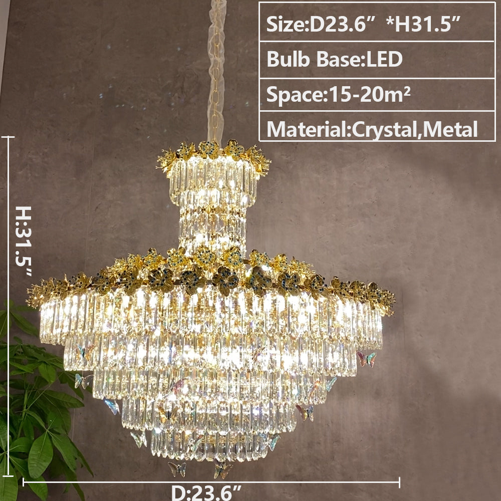 Modern Light Luxury Art Design Butterfly Multi-tiered Round Ctystal Chandelier with Golden Flowers for Living Room/Staircase/Foyer Chandeliers Kevinstudiolives