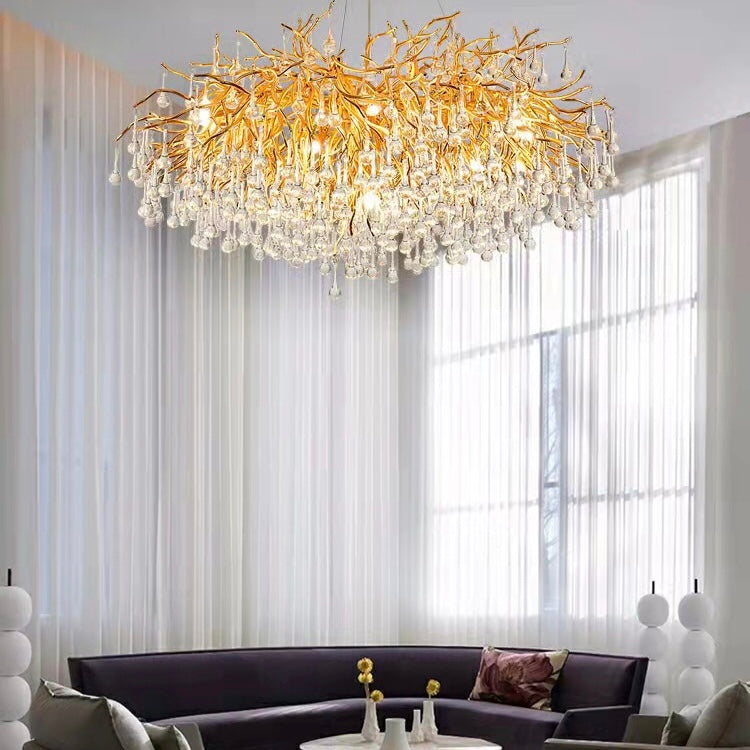 Stunning Tree Branch Crystal Chandelier With Clear Teardrop-shaped Glass Living/Dining Room Ceiling Lamp/Light Chandeliers Kevinstudiolives Round D31.5”*H21.7”/10 Lights Gold Warm Light