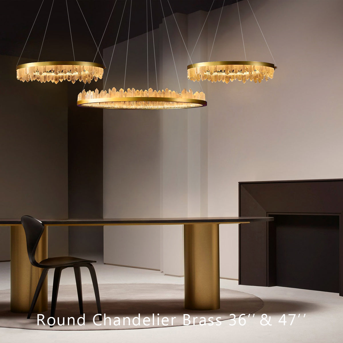 36 Inch Round Modern Chandelier Brass & Clear Geode Quartz Crystal Chandeliers Kevin Studio Inc Three Rings 36'' + 36'' + 47'' Brass