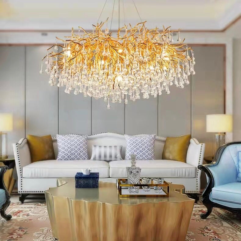 Stunning Tree Branch Crystal Chandelier With Clear Teardrop-shaped Glass Living/Dining Room Ceiling Lamp/Light Chandeliers Kevinstudiolives Round D25.6”*H15.8”/8 Lights Gold Warm Light