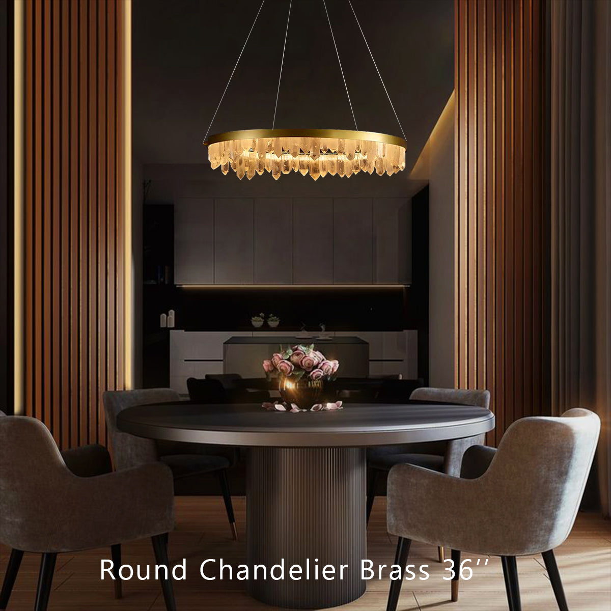 36 Inch Round Modern Chandelier Brass & Clear Geode Quartz Crystal Chandeliers Kevin Studio Inc