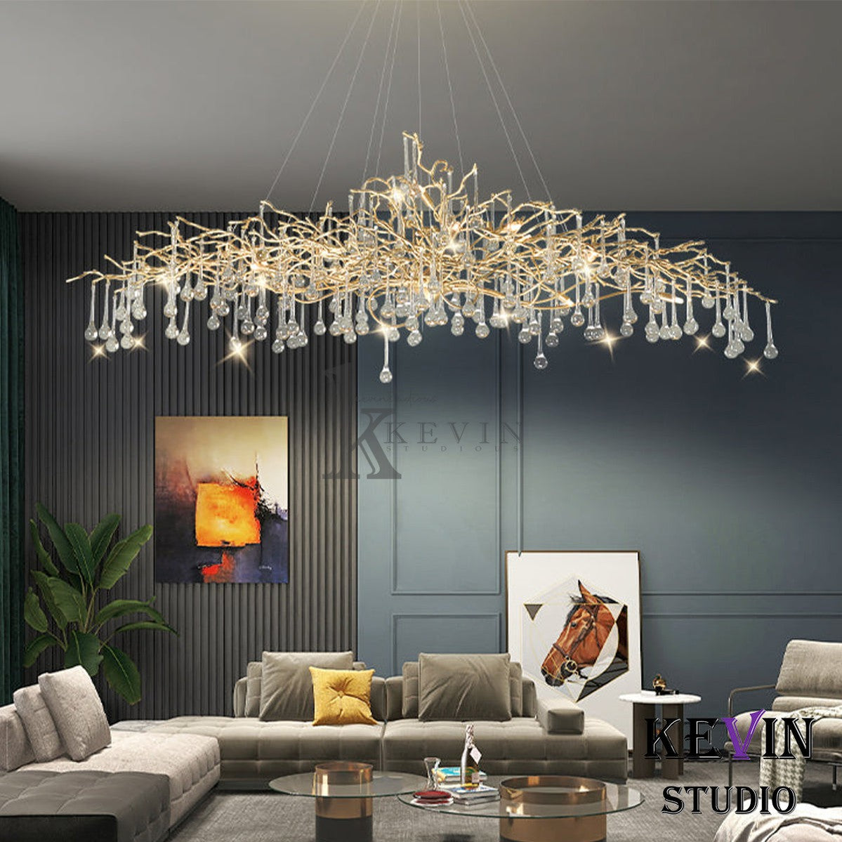 Alia Modern Crystal Teardrop Brass Branch Chandelier Branch Chandelier Kevin Studio Inc