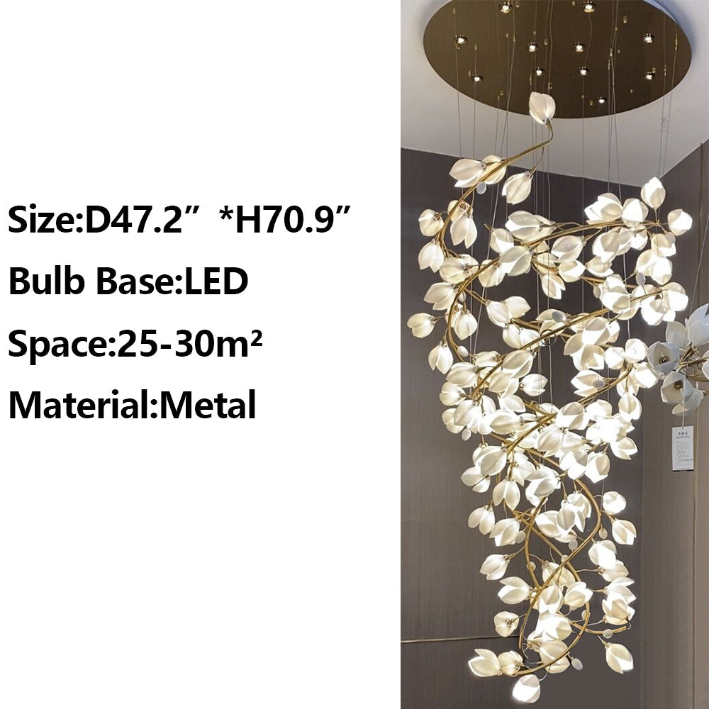 Creative Spiral Pure White Magnolia Chandelier with Golden Branches for Staircase/High-ceiling Space/Foyer/ Duplex Chandeliers Kevin Studio Inc