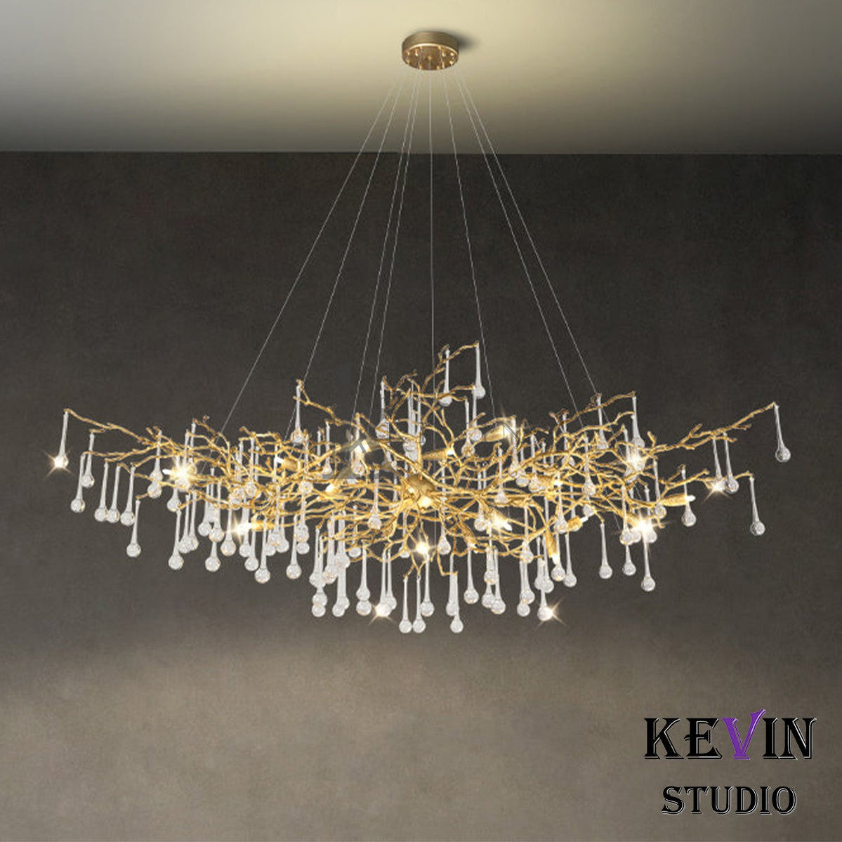 Alia Modern Crystal Teardrop Brass Branch Chandelier Branch Chandelier Kevin Studio Inc