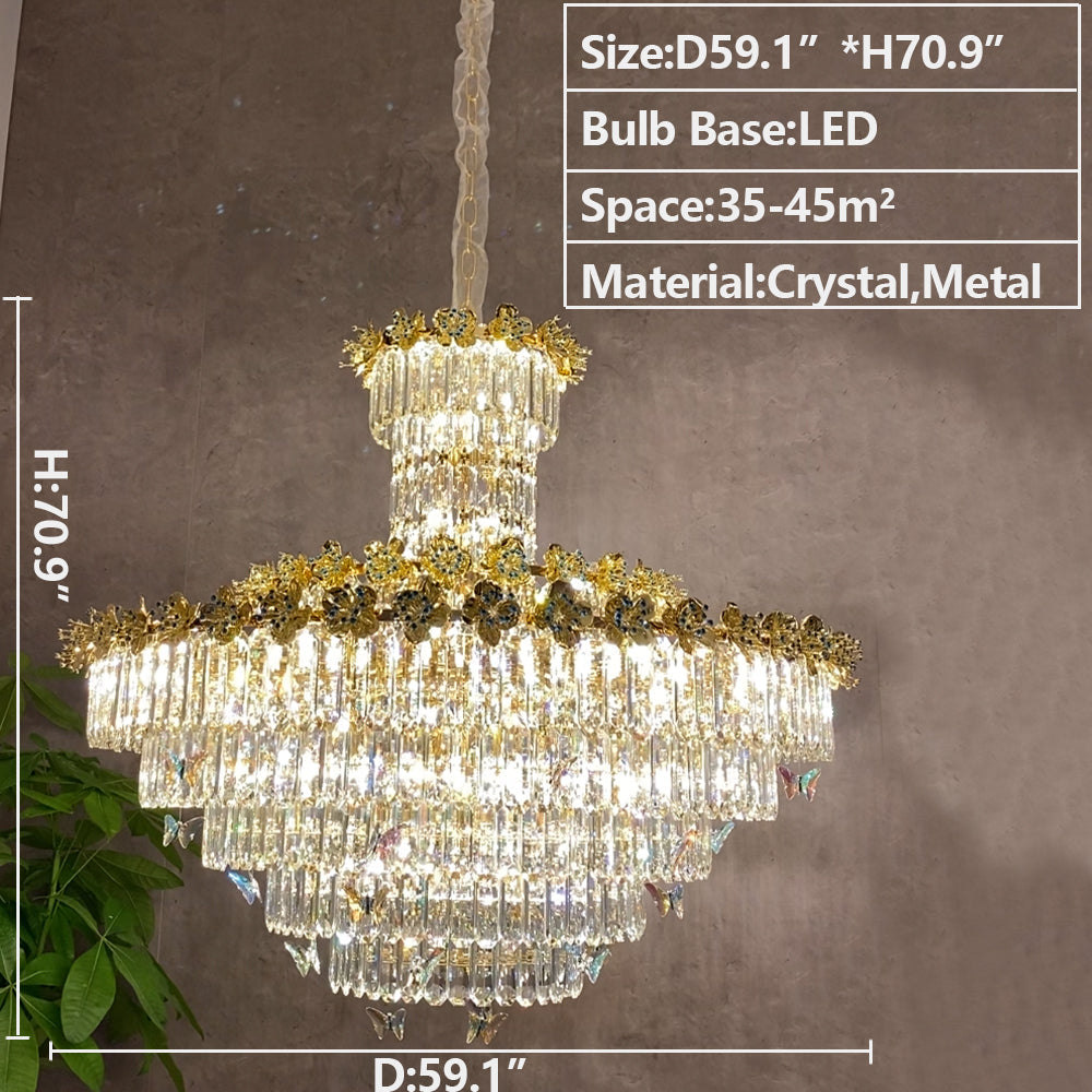 Modern Light Luxury Art Design Butterfly Multi-tiered Round Ctystal Chandelier with Golden Flowers for Living Room/Staircase/Foyer Chandeliers Kevinstudiolives