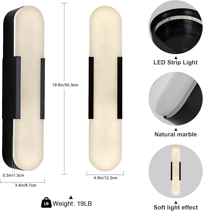Elegant Alabaster Wall Sconces Set Natural Marble Brass Bedside Lighting Fixtures 13.8" 19.7"