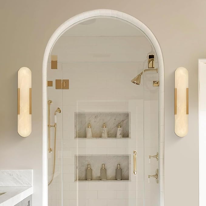 Elegant Alabaster Wall Sconces Set Natural Marble Brass Bedside Lighting Fixtures 13.8" 19.7"