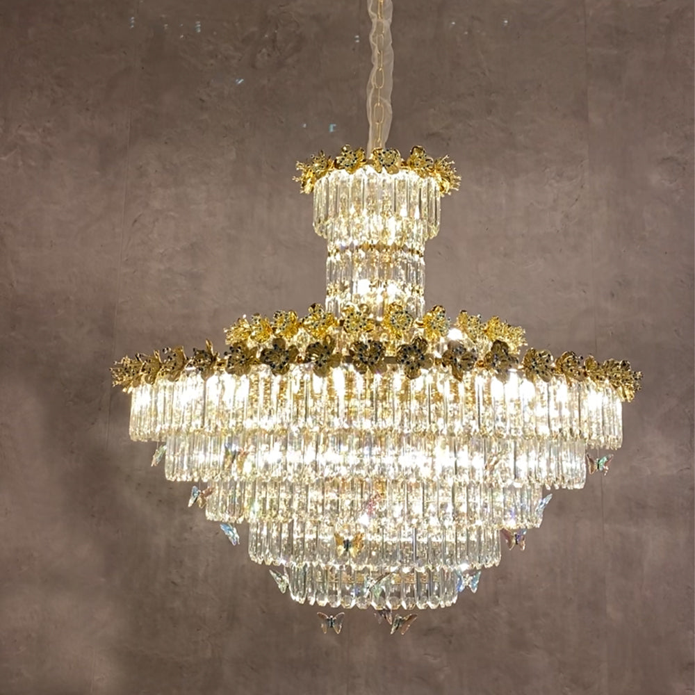 Modern Light Luxury Art Design Butterfly Multi-tiered Round Ctystal Chandelier with Golden Flowers for Living Room/Staircase/Foyer Chandeliers Kevinstudiolives