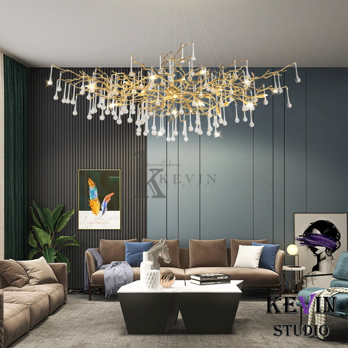 Alia Modern Crystal Teardrop Brass Branch Chandelier Branch Chandelier Kevin Studio Inc