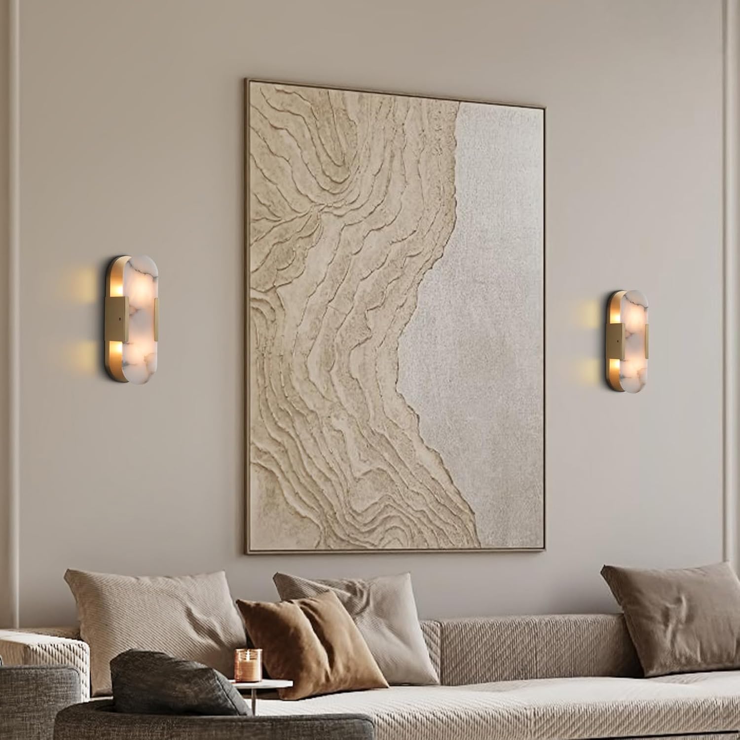 Elegant Alabaster Wall Sconces Set: Natural Marble Brass Bedside Lighting Fixtures
