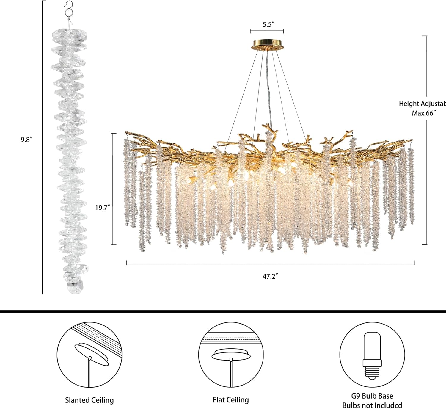 YUYI Modern Crystal Chandelier, Gold Tree Branch, 47.2" Round Luxury High Ceiling