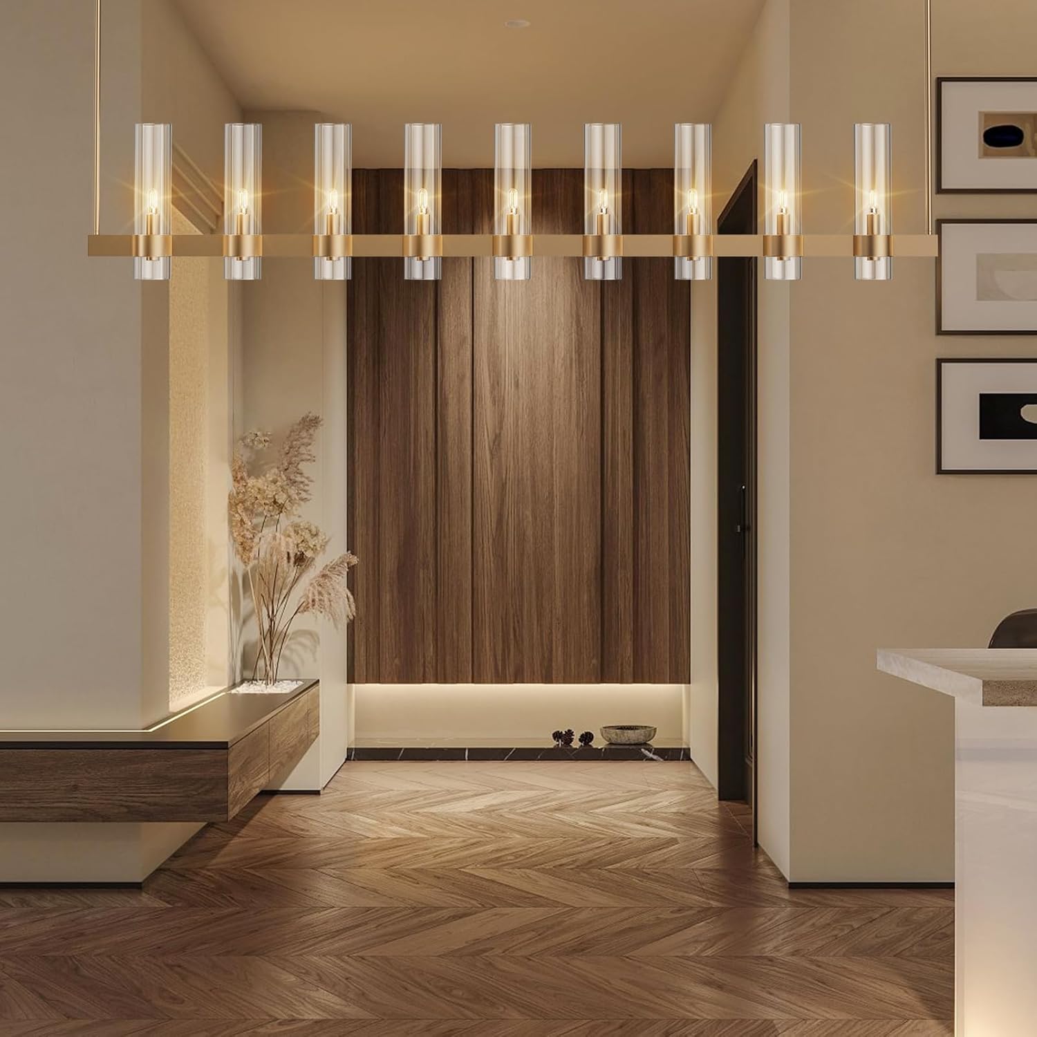 Brass Kitchen Island Lighting - 9-Light Linear Chandelier, Adjustable 61'' Modern Farmhouse