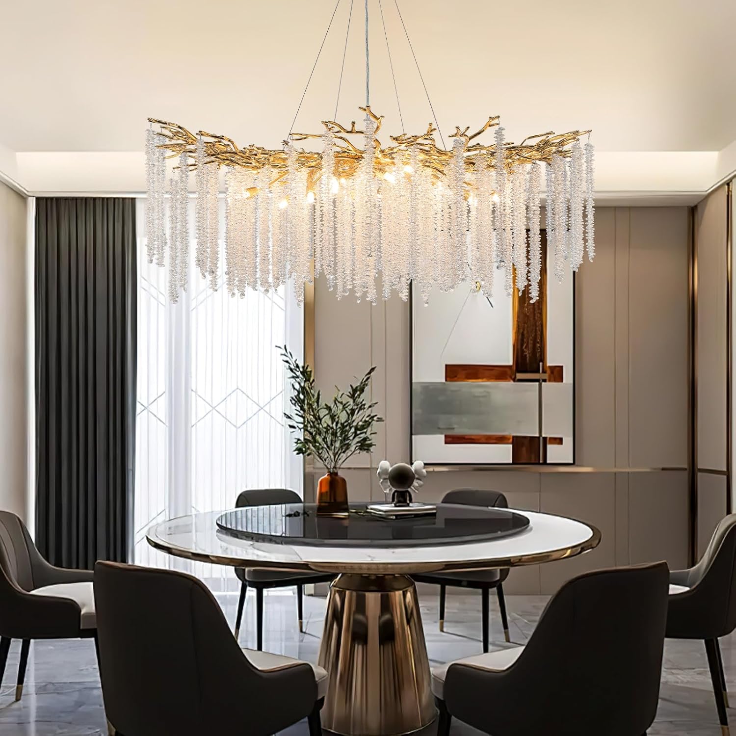YUYI Modern Crystal Chandelier, Gold Tree Branch, 47.2" Round Luxury High Ceiling