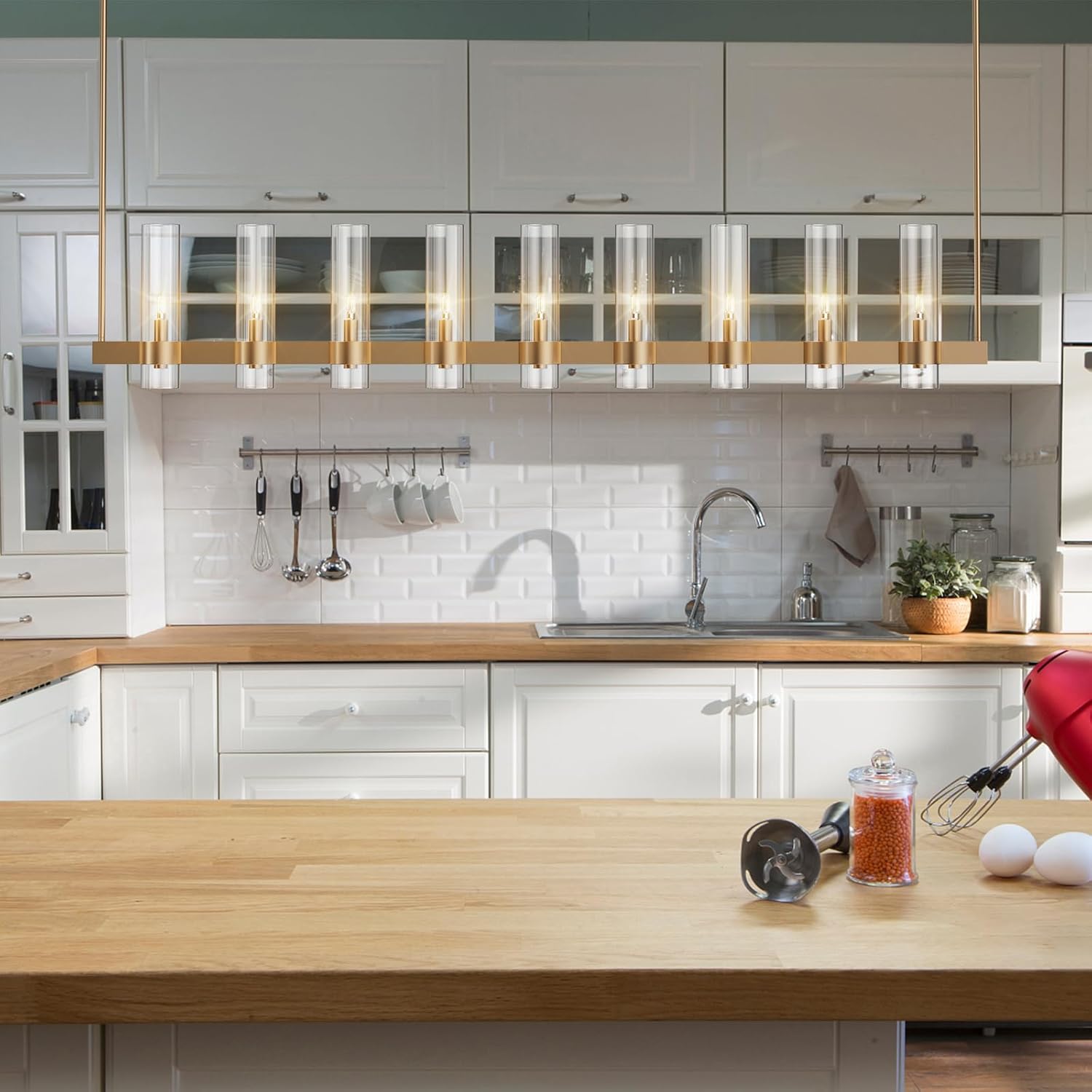 Brass Kitchen Island Lighting - 9-Light Linear Chandelier, Adjustable 61'' Modern Farmhouse