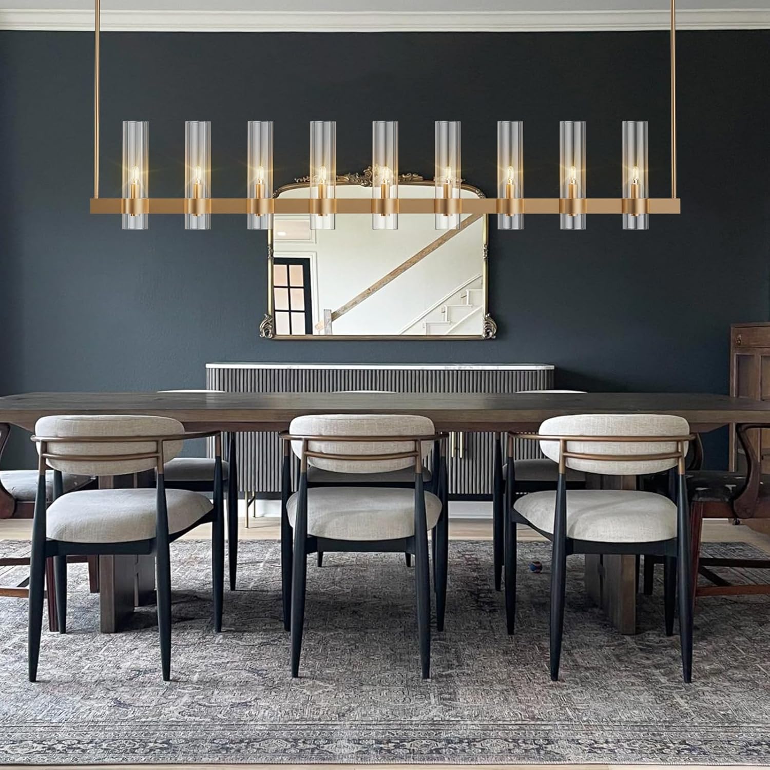 Brass Kitchen Island Lighting - 9-Light Linear Chandelier, Adjustable 61'' Modern Farmhouse