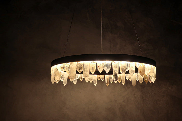 36 Inch Round Modern Chandelier Brass & Clear Geode Quartz Crystal Chandeliers Kevin Studio Inc