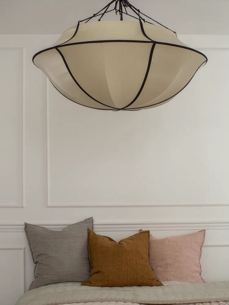 Vintage French Style Cream White Silk Umbrella Chandelier Chandeliers Kevinstudiolives D19.5''*H13.65'' Black Edge Dimmable White Light
