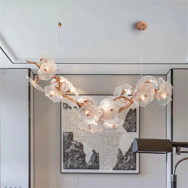 Modern Leaf Glass Flower Linear Branch Chandelier Island Chandelier Hermanlighting