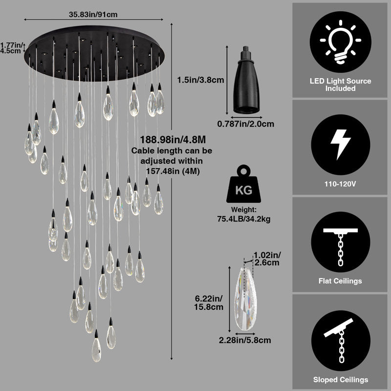 Naleya 43-Light Height Adjustable Round Raindrop Chandelier for Dining Room