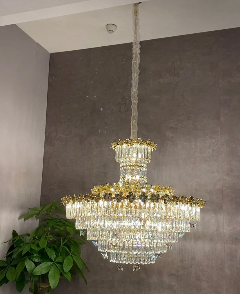 Modern Light Luxury Art Design Butterfly Multi-tiered Round Ctystal Chandelier with Golden Flowers for Living Room/Staircase/Foyer Chandeliers Kevinstudiolives