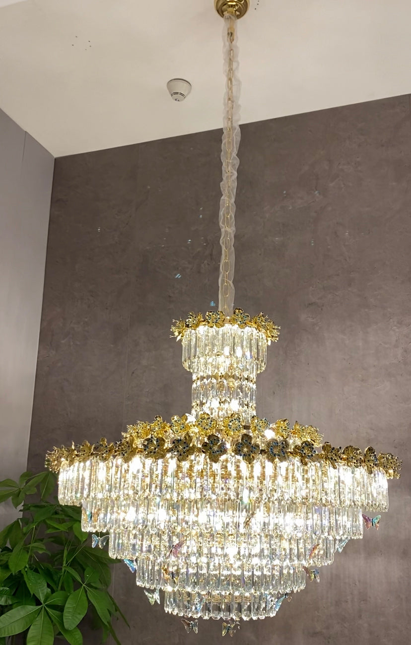 Modern Light Luxury Art Design Butterfly Multi-tiered Round Ctystal Chandelier with Golden Flowers for Living Room/Staircase/Foyer Chandeliers Kevinstudiolives