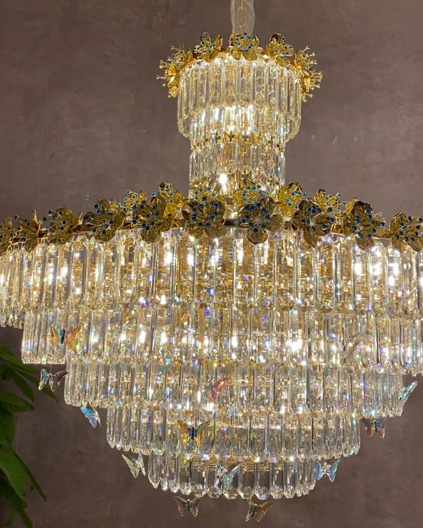 Modern Light Luxury Art Design Butterfly Multi-tiered Round Ctystal Chandelier with Golden Flowers for Living Room/Staircase/Foyer Chandeliers Kevinstudiolives