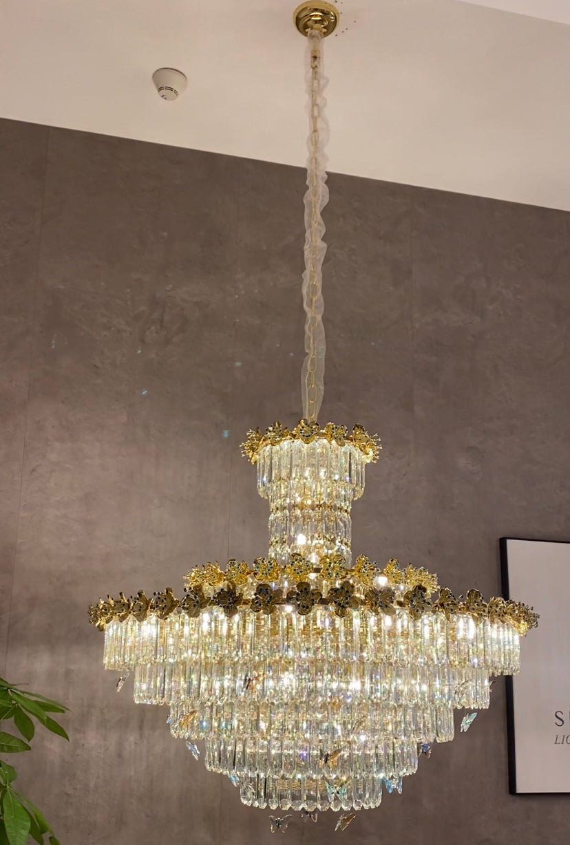 Modern Light Luxury Art Design Butterfly Multi-tiered Round Ctystal Chandelier with Golden Flowers for Living Room/Staircase/Foyer Chandeliers Kevinstudiolives