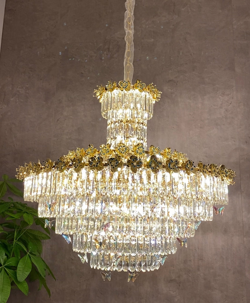 Modern Light Luxury Art Design Butterfly Multi-tiered Round Ctystal Chandelier with Golden Flowers for Living Room/Staircase/Foyer Chandeliers Kevinstudiolives