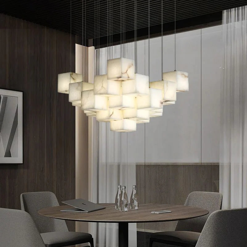 Olive Alabaster Cubic Round Pendant For Dining Table, Staircase Chandeliers Kevin Studio Inc