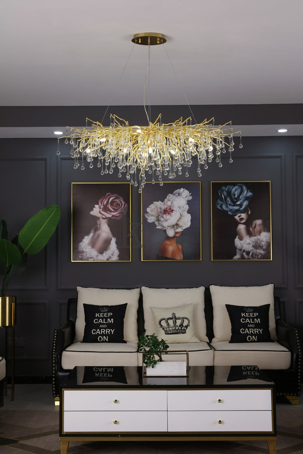 Sivan Modern Crystal Droplet Gold Branch Chandelier, Gold 45", Rectangular Chandelier Over Dining Table, Living Room Branch Chandelier Kevin Studio Inc