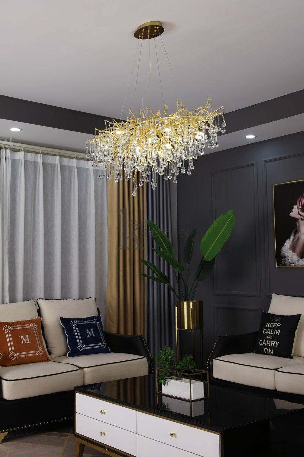 Sivan Modern Crystal Droplet Gold Branch Chandelier, Gold 45", Rectangular Chandelier Over Dining Table, Living Room Branch Chandelier Kevin Studio Inc