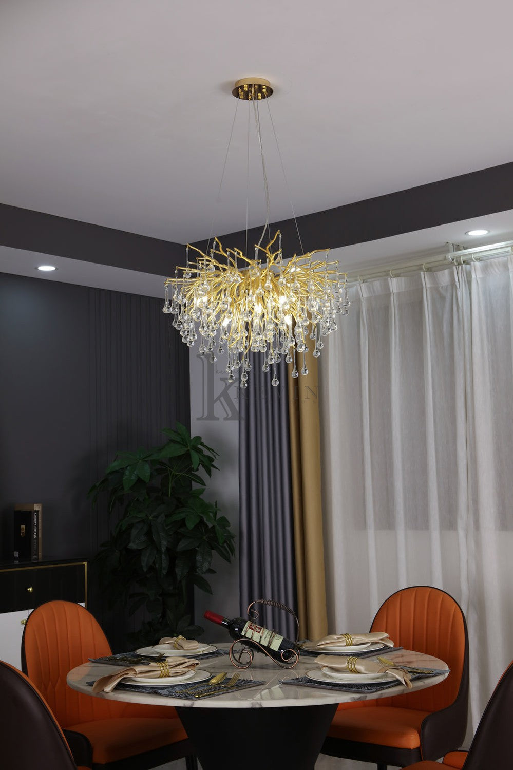 Sivan Crystal Droplet Gold Branch Chandelier, Gold 23.5", Round Chandelier Over Dining Table Branch Chandelier Kevin Studio Inc