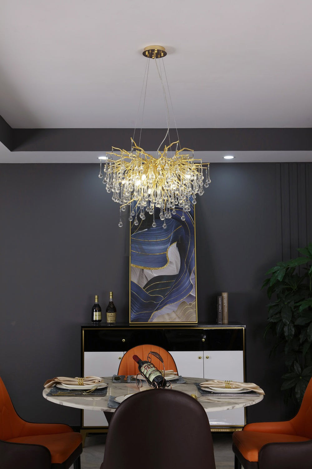 Sivan Crystal Droplet Gold Branch Chandelier, Gold 23.5", Round Chandelier Over Dining Table Branch Chandelier Kevin Studio Inc