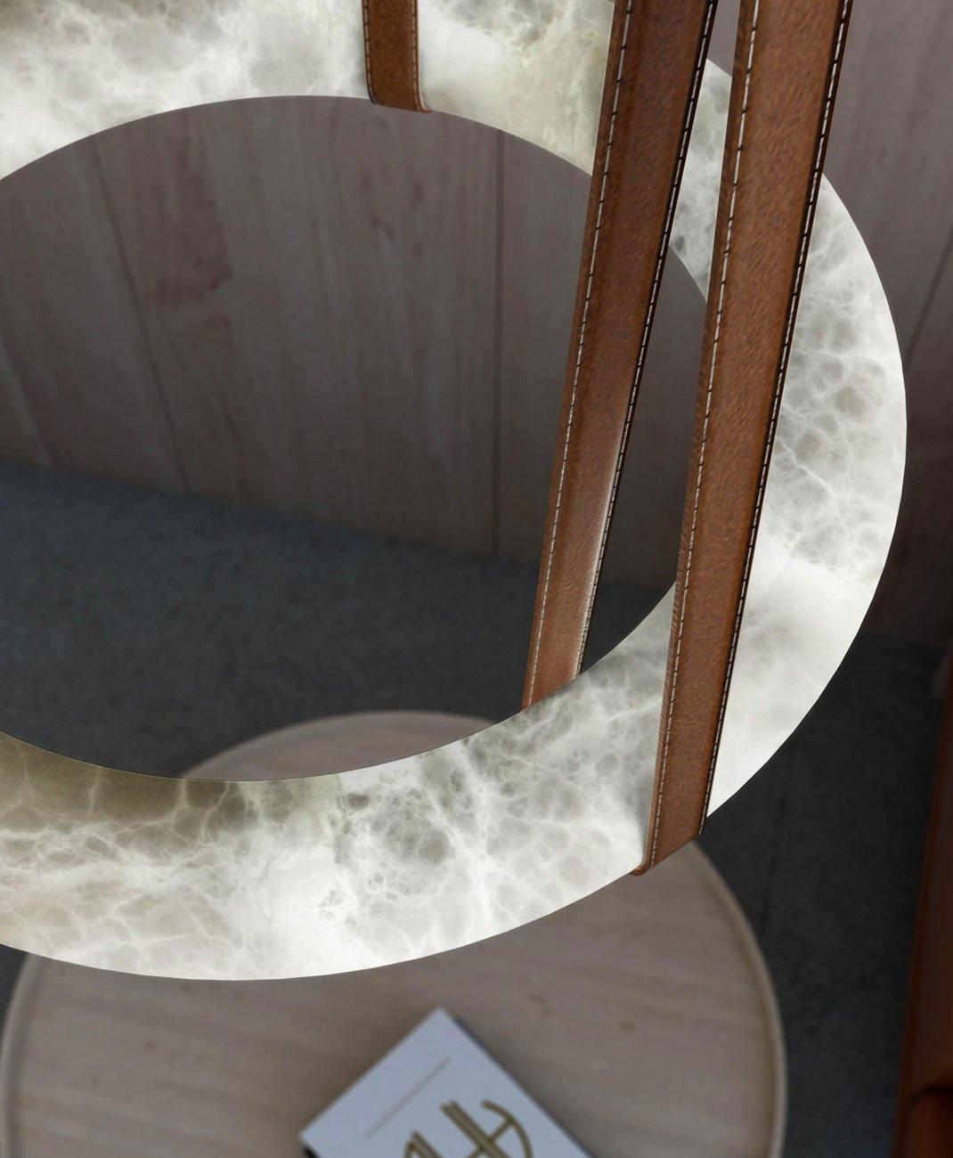 Oslo Pendant Alabaster Chandelier, Halo Ring Chandelier With Leather Chandelier Kevin Studio Inc