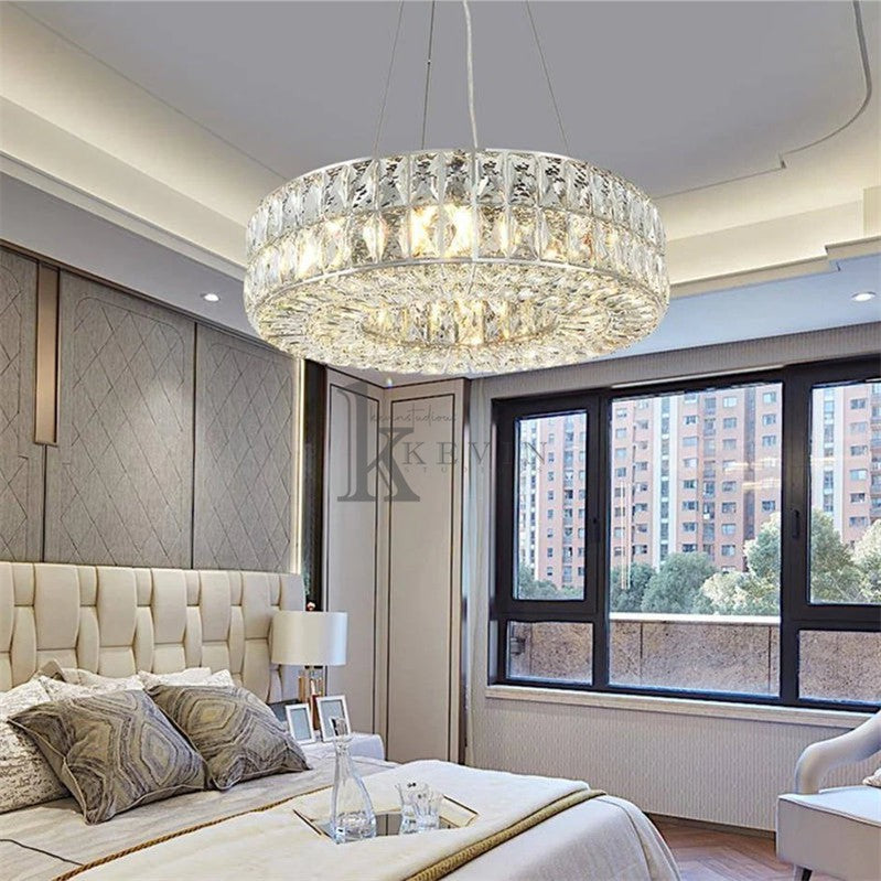 Quincy Modern Crystal Wheel Round Chandelier , Chrome, Round Crystal Chandelier For Living Room chandelier Kevin Studio Inc