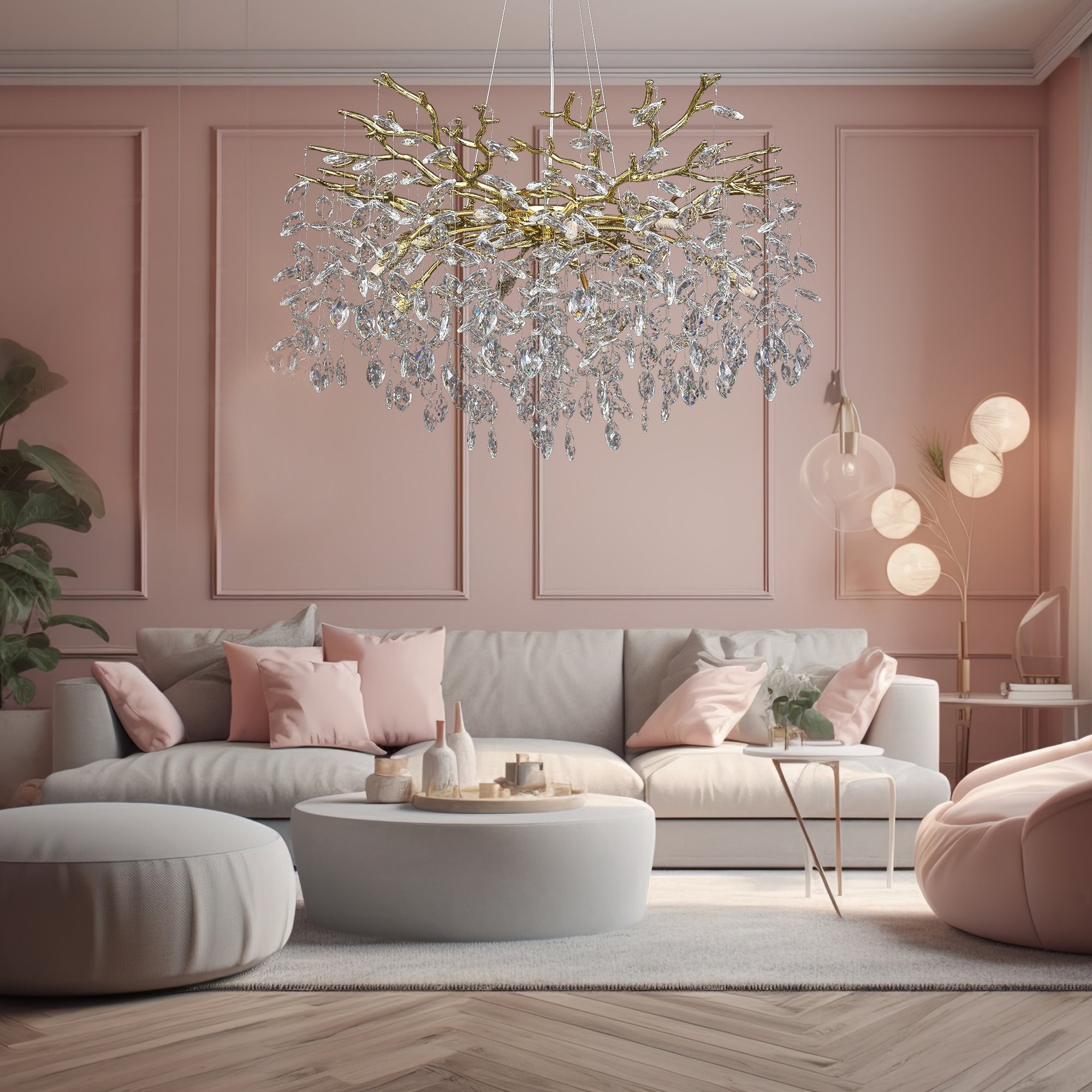 Helios Modern Oval Gold Clear Crystal Branch Chandelier For Living Room Branch Chandelier Kevin Studio Inc