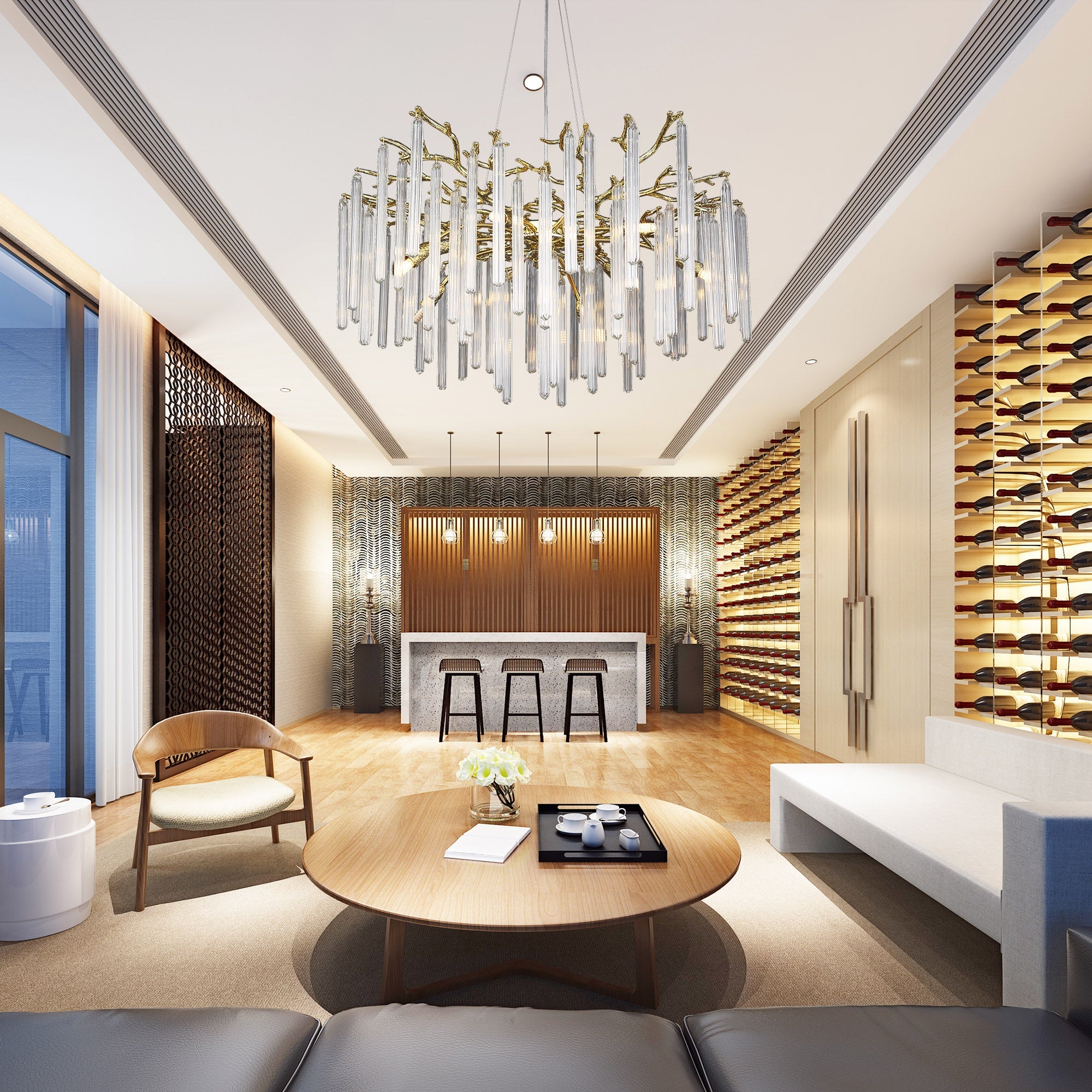 Krios Modern Round Gold Clear Crystal Tube Branch Chandelier For Living Room Branch Chandelier Kevin Studio Inc