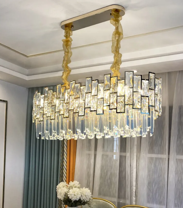 Emery Modern Crystal Linear Chandelier Over Dining Table Chandeliers Kevin Studio Inc