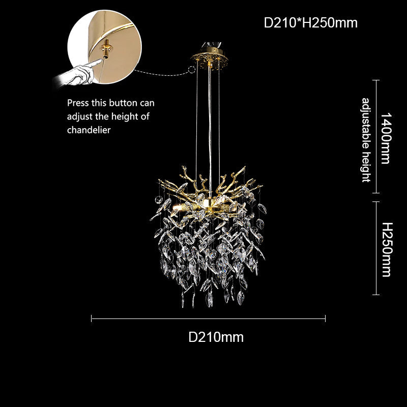 Aether Modern Round Gold Clear Crystal Branch Chandelier For Living Room Branch Chandelier Kevin Studio Inc 8.27"diam