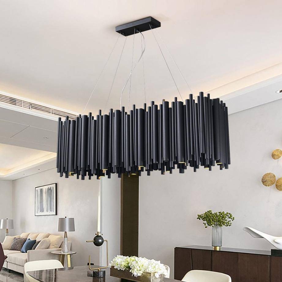 Temple Modern Rectangle Chandelier Over Dining Table, Black Chandelier Kevin Studio Inc