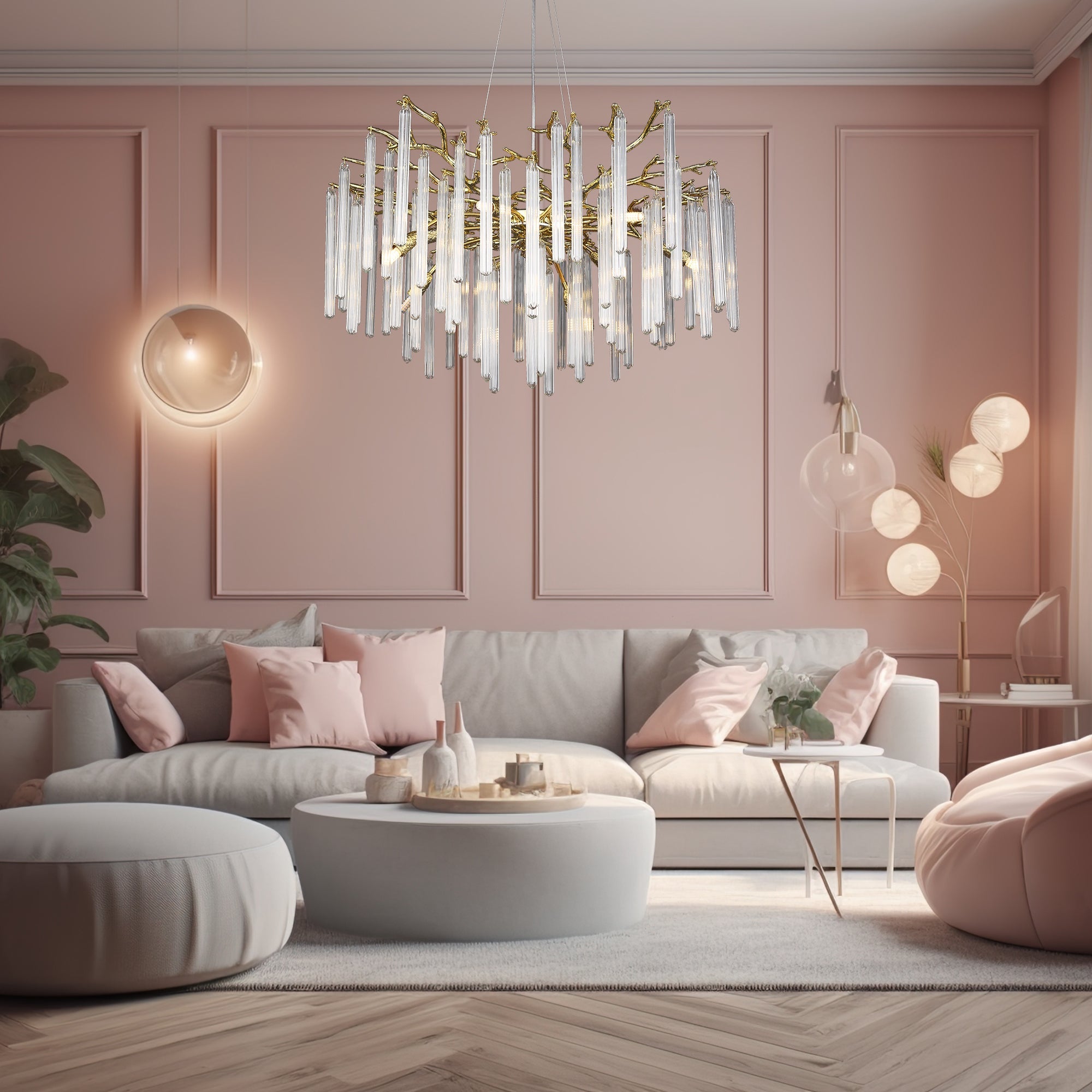 Krios Modern Round Gold Clear Crystal Tube Branch Chandelier For Living Room Branch Chandelier Kevin Studio Inc