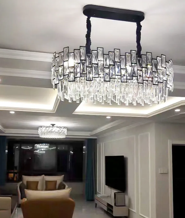Emery Modern Crystal Linear Chandelier Over Dining Table Chandeliers Kevin Studio Inc
