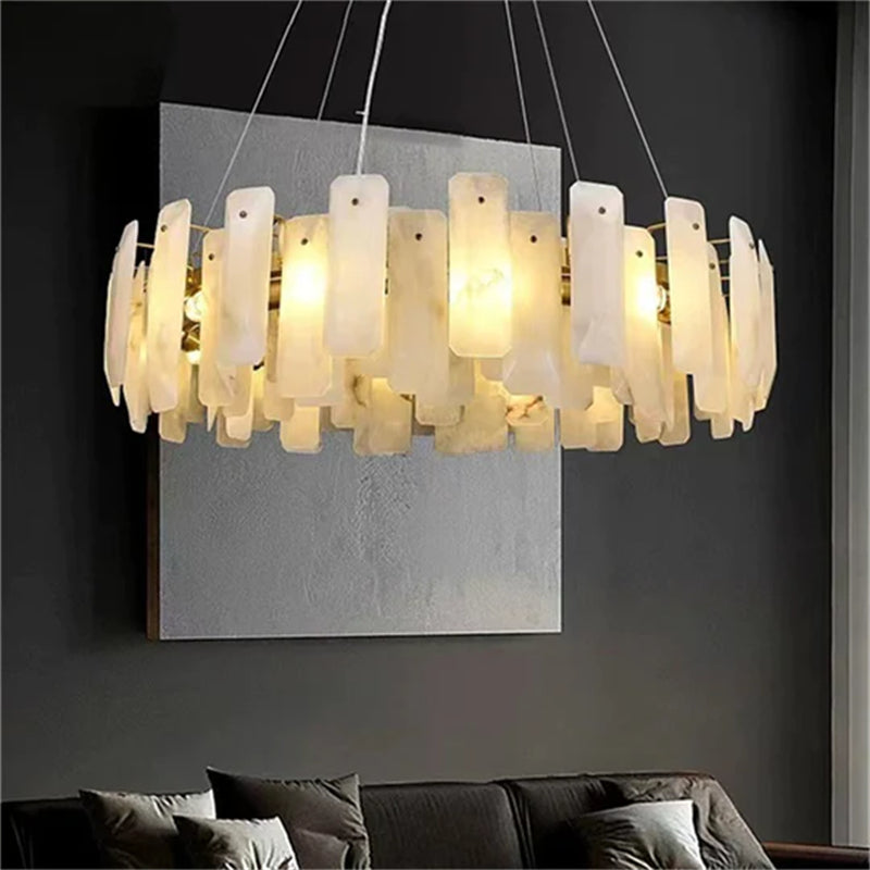 Carlos Modern Alabaster Round Chandelier, Real Alabaster Chandlier Over Dining Table chandelier Kevin Studio Inc