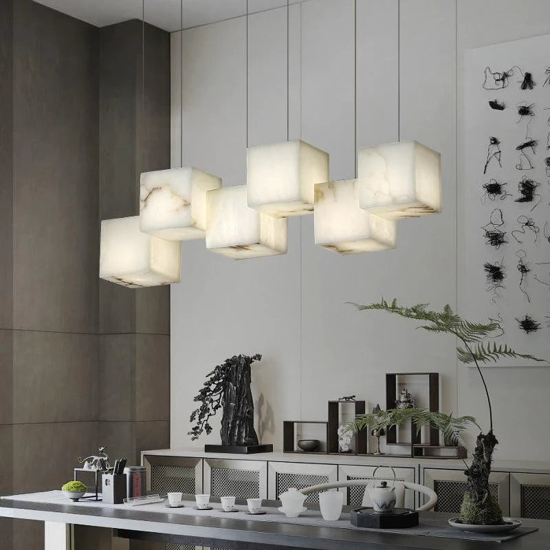 Vasilia Alabaster Cubic Pendant For Dining Table, Kitchen Island Pendant Chandeliers Kevin Studio Inc