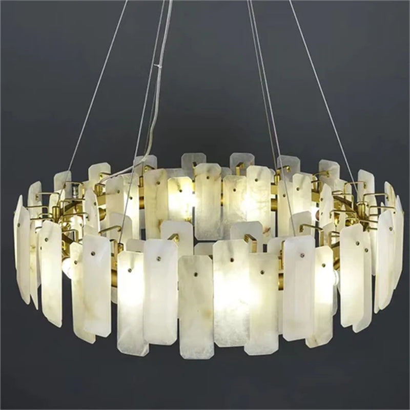 Carlos Modern Alabaster Round Chandelier, Real Alabaster Chandlier Over Dining Table chandelier Kevin Studio Inc
