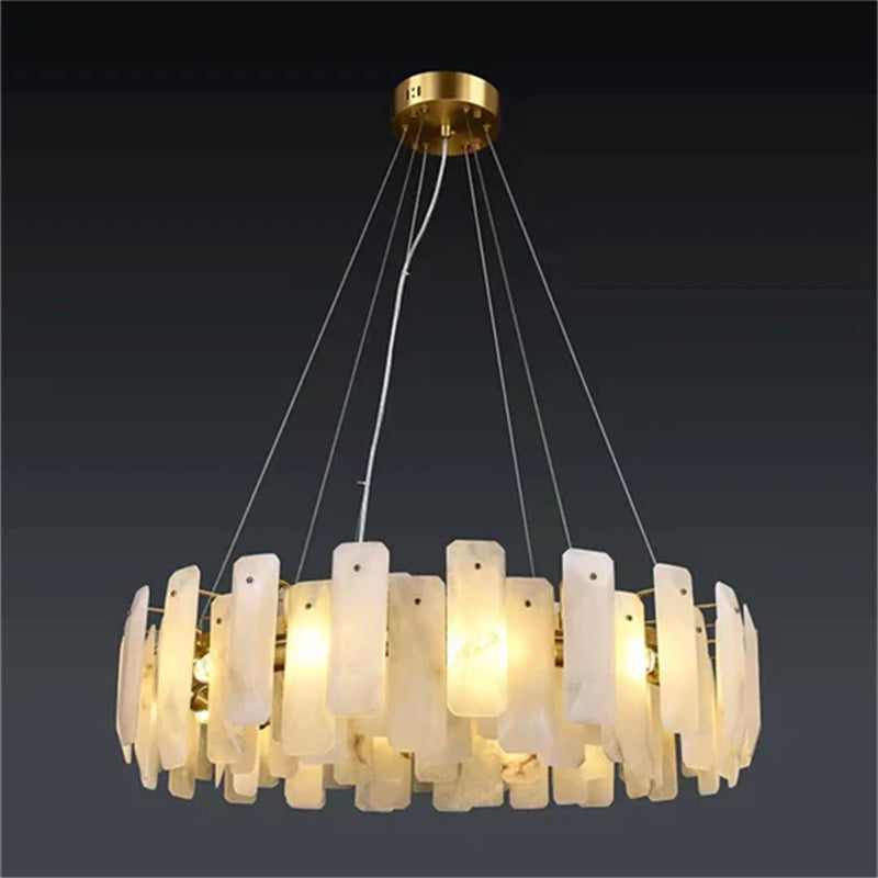 Carlos Modern Alabaster Round Chandelier, Real Alabaster Chandlier Over Dining Table chandelier Kevin Studio Inc