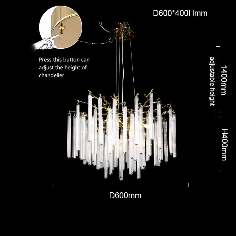 Krios Modern Round Gold Clear Crystal Tube Branch Chandelier For Living Room Branch Chandelier Kevin Studio Inc 23.62"diam